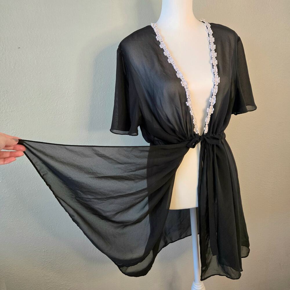 Coquette Flowy Sheer Floral Trim Kimono Robe Size L Black Romantic Lingerie